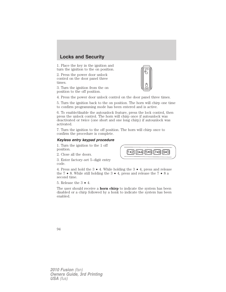 Keyless entry keypad procedure, Locks and security | FORD 2010 Fusion v.3 User Manual | Page 94 / 343