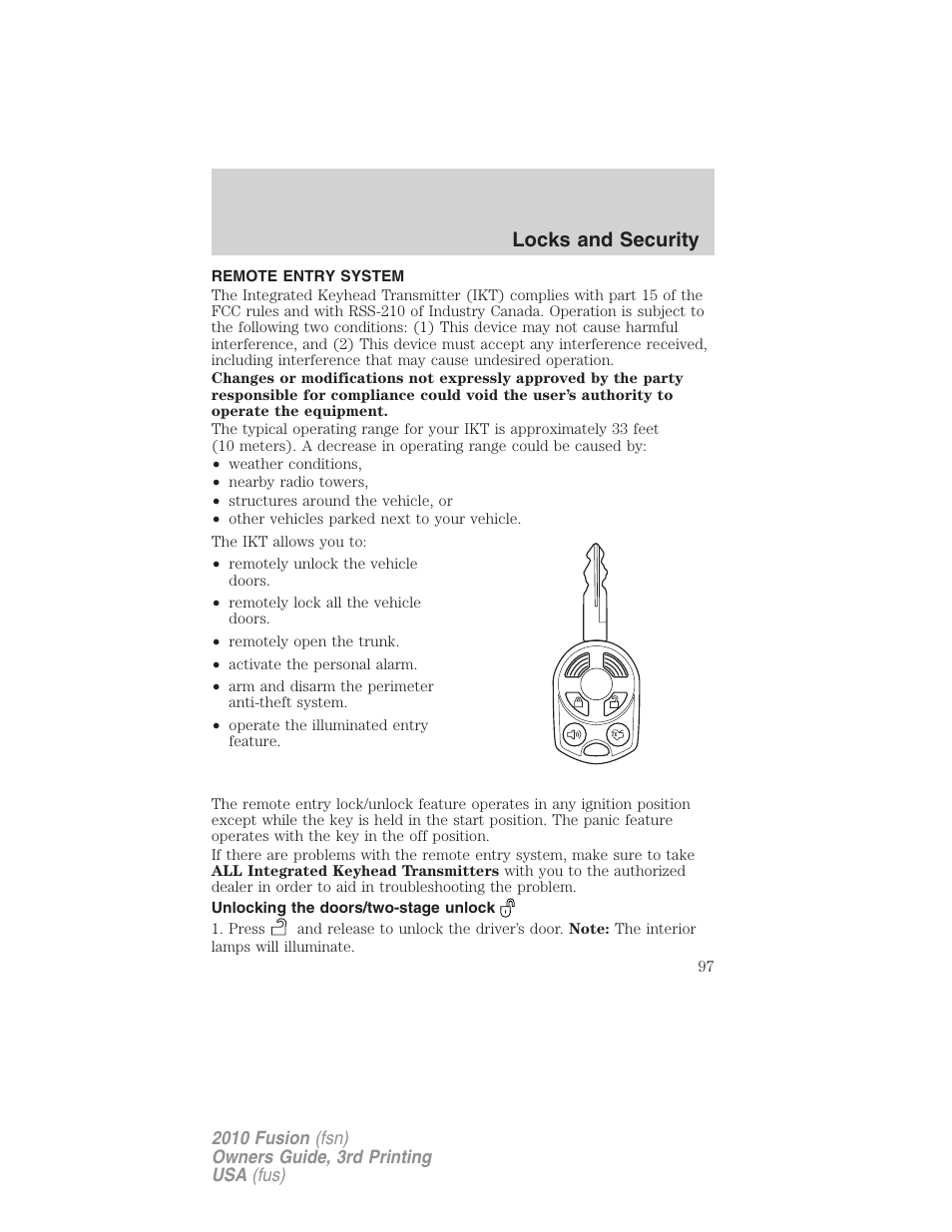 Remote entry system, Unlocking the doors/two-stage unlock, Locks and security | FORD 2010 Fusion v.3 User Manual | Page 97 / 343