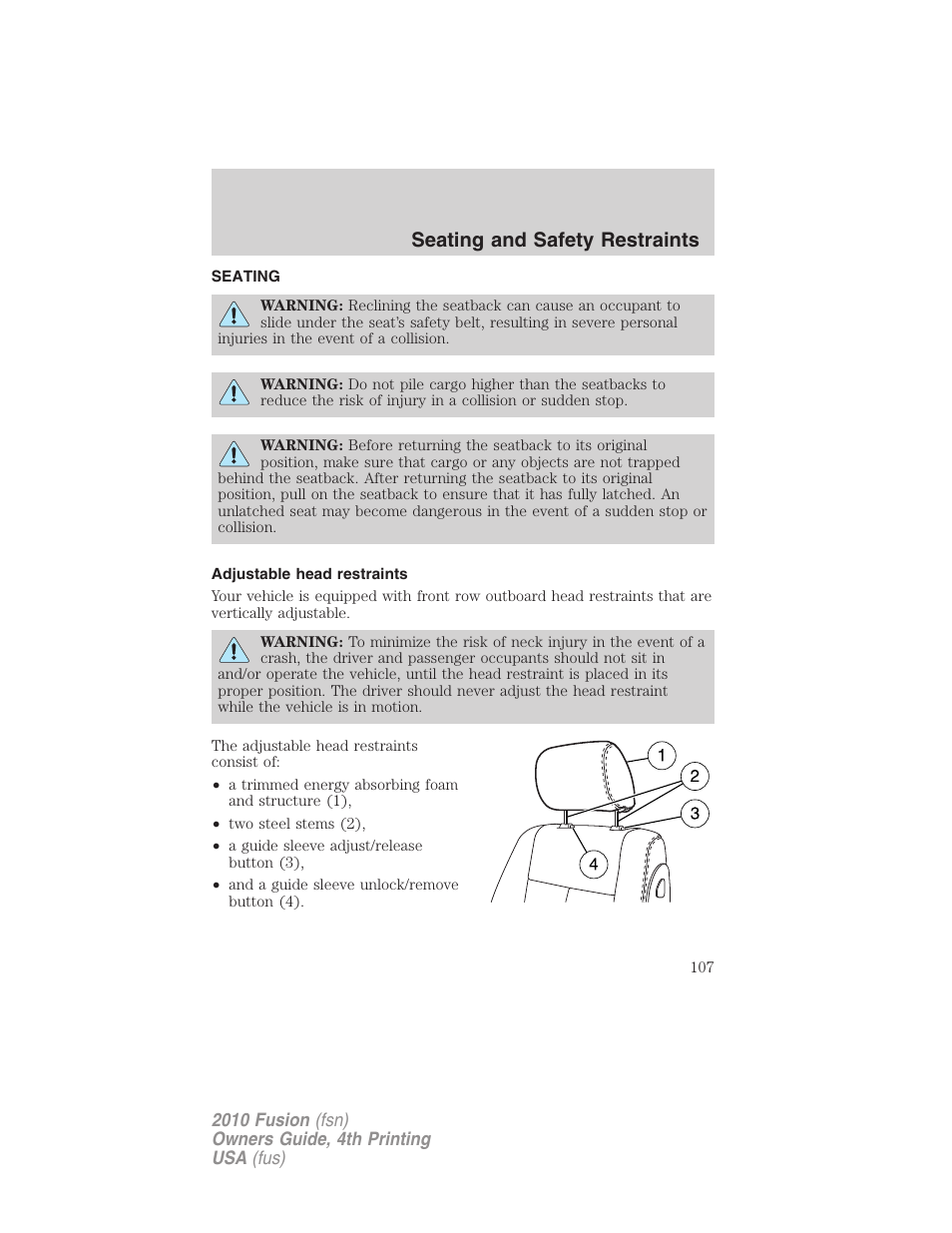 Seating and safety restraints, Seating, Adjustable head restraints | FORD 2010 Fusion v.4 User Manual | Page 107 / 340