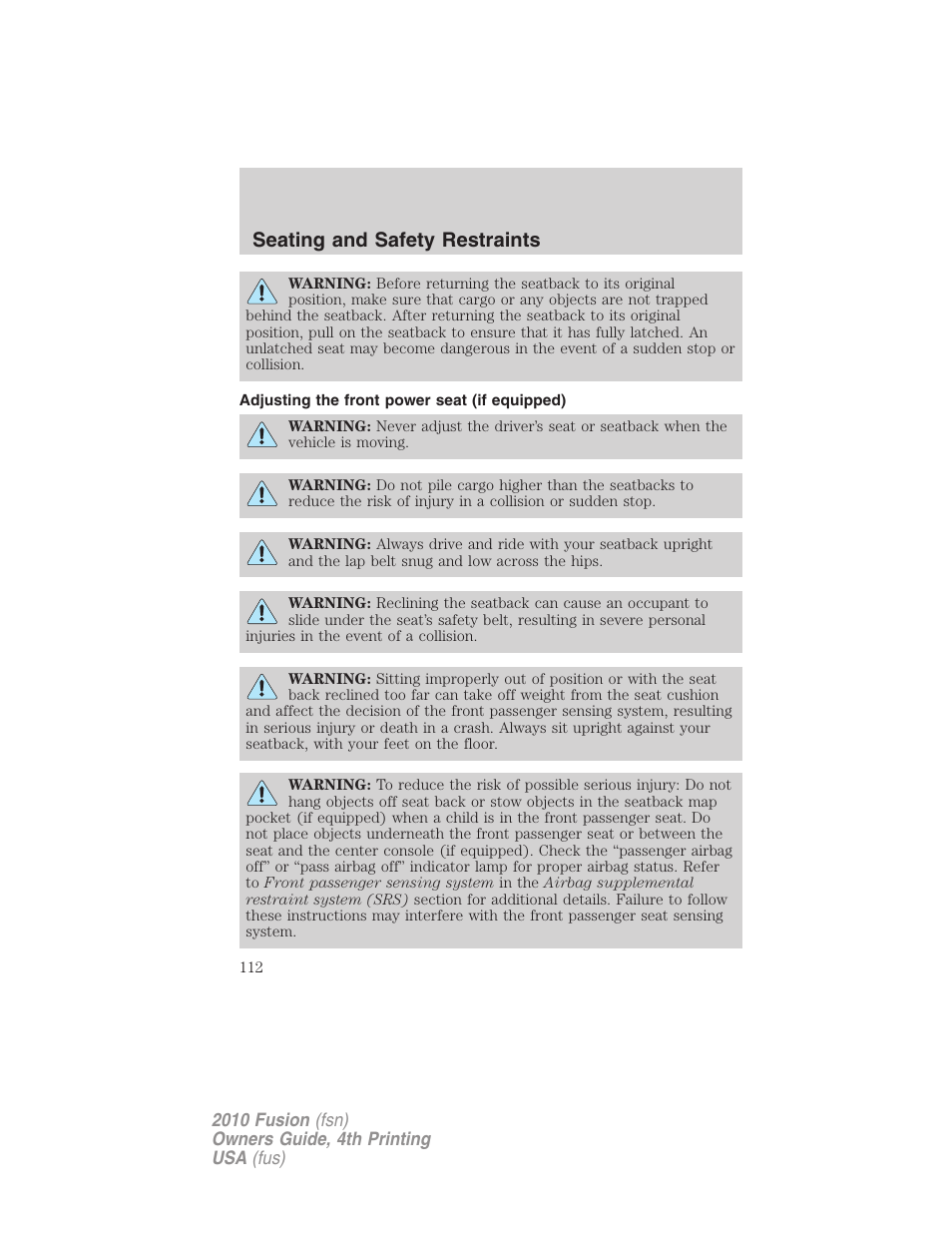 Adjusting the front power seat (if equipped), Seating and safety restraints | FORD 2010 Fusion v.4 User Manual | Page 112 / 340