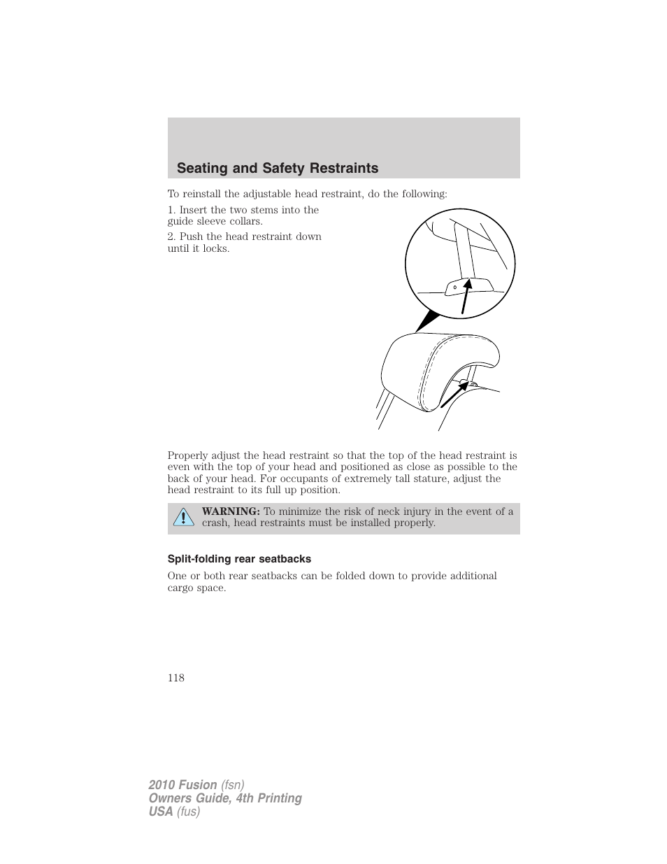 Split-folding rear seatbacks, Seating and safety restraints | FORD 2010 Fusion v.4 User Manual | Page 118 / 340