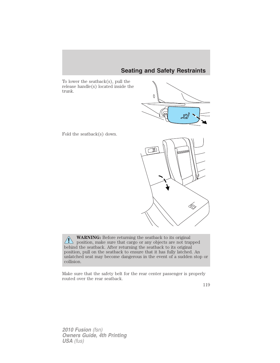 Seating and safety restraints | FORD 2010 Fusion v.4 User Manual | Page 119 / 340