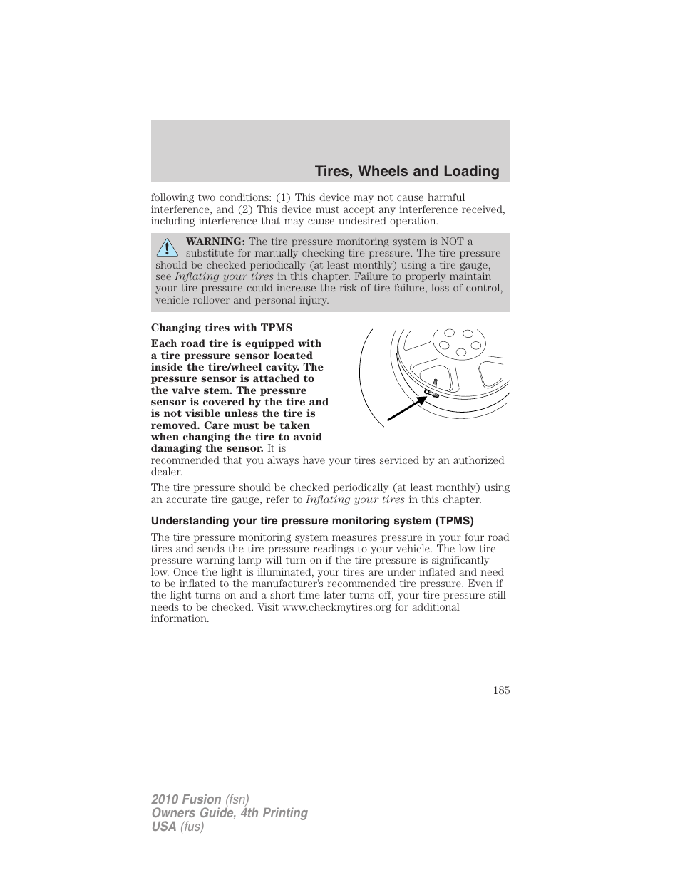 Tires, wheels and loading | FORD 2010 Fusion v.4 User Manual | Page 185 / 340