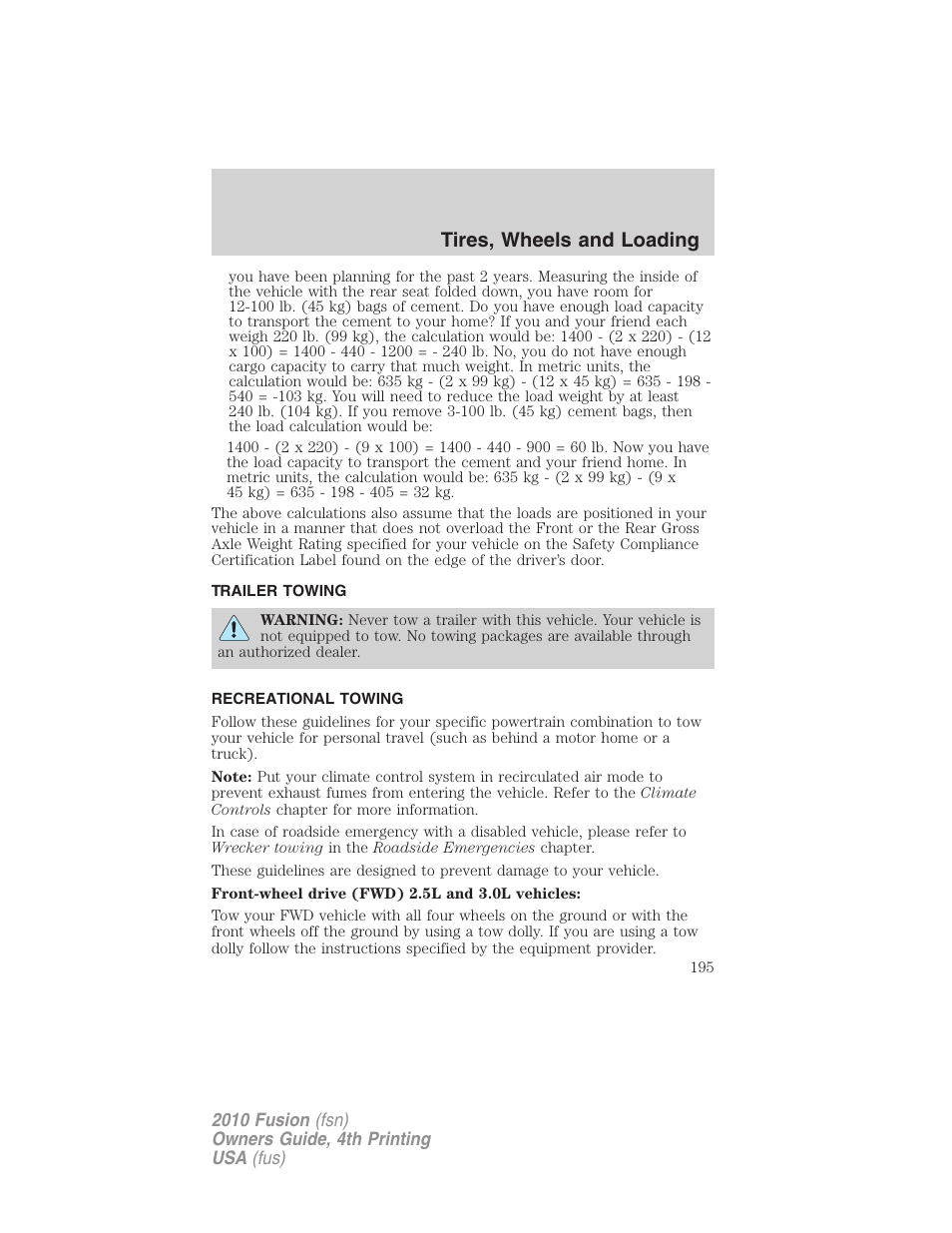 Trailer towing, Recreational towing, Tires, wheels and loading | FORD 2010 Fusion v.4 User Manual | Page 195 / 340