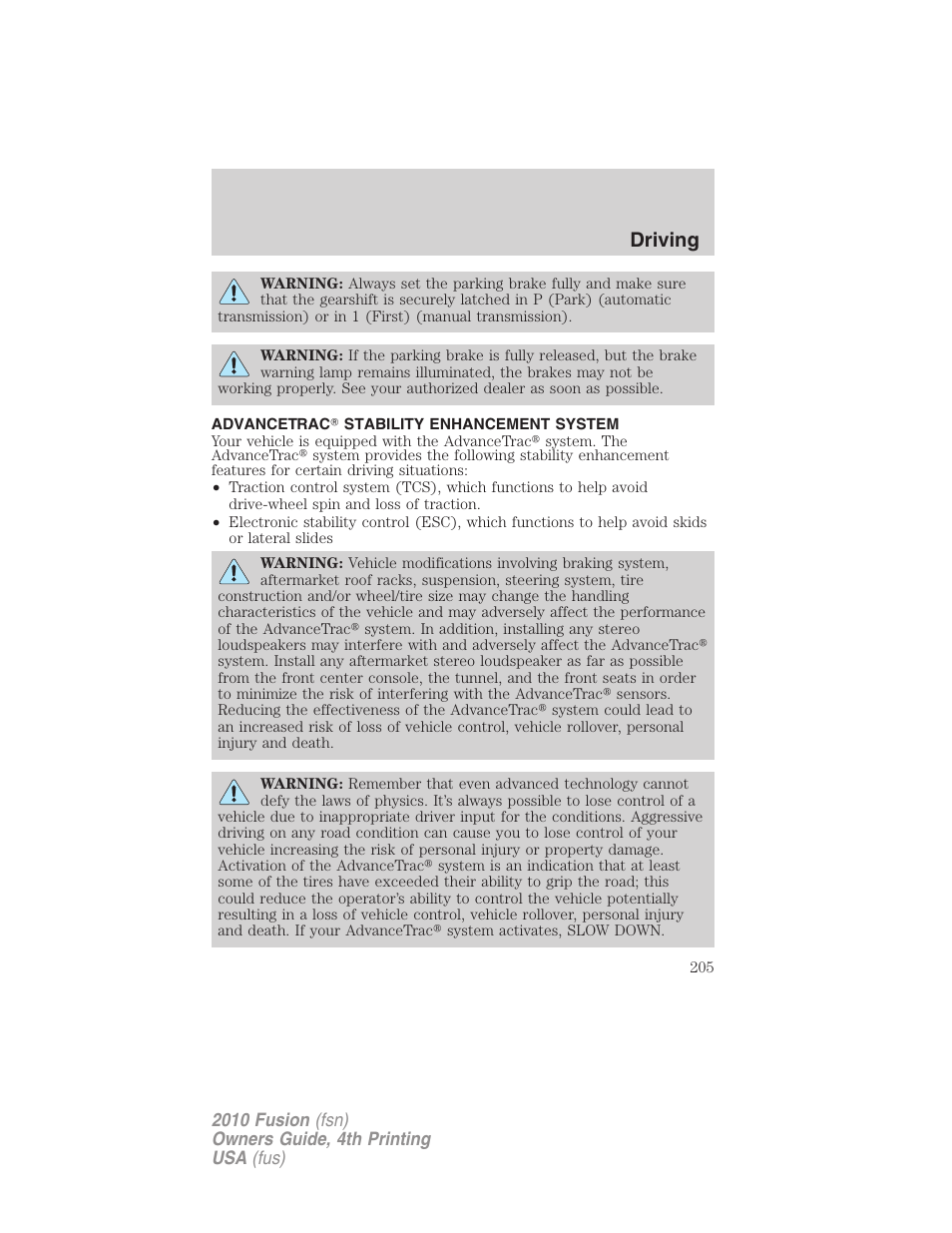 Advancetrac stability enhancement system, Advancetrac, Driving | FORD 2010 Fusion v.4 User Manual | Page 205 / 340