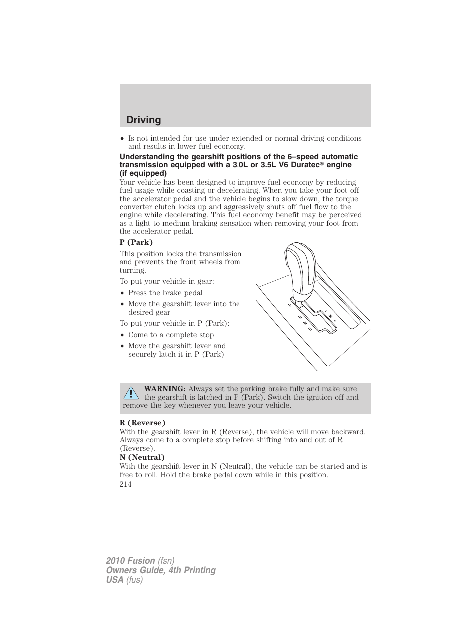 Driving | FORD 2010 Fusion v.4 User Manual | Page 214 / 340