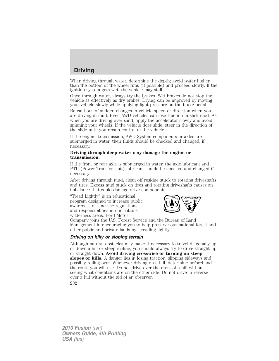 Driving on hilly or sloping terrain, Driving | FORD 2010 Fusion v.4 User Manual | Page 232 / 340
