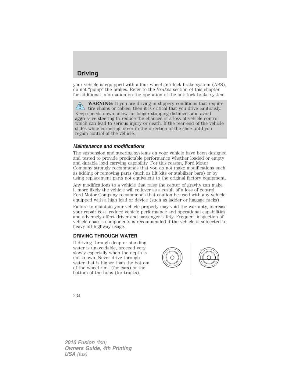 Maintenance and modifications, Driving through water, Driving | FORD 2010 Fusion v.4 User Manual | Page 234 / 340