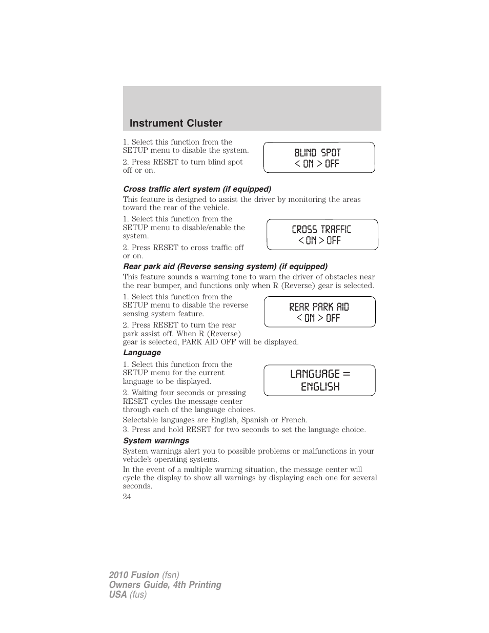 Cross traffic alert system (if equipped), Language, System warnings | Instrument cluster | FORD 2010 Fusion v.4 User Manual | Page 24 / 340