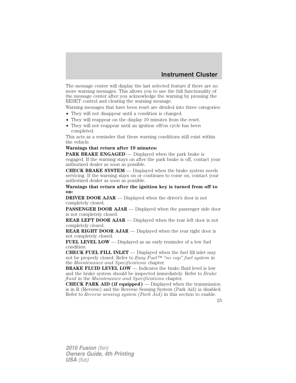 Instrument cluster | FORD 2010 Fusion v.4 User Manual | Page 25 / 340
