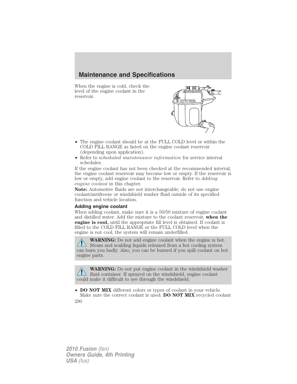 Adding engine coolant, Maintenance and specifications | FORD 2010 Fusion v.4 User Manual | Page 290 / 340