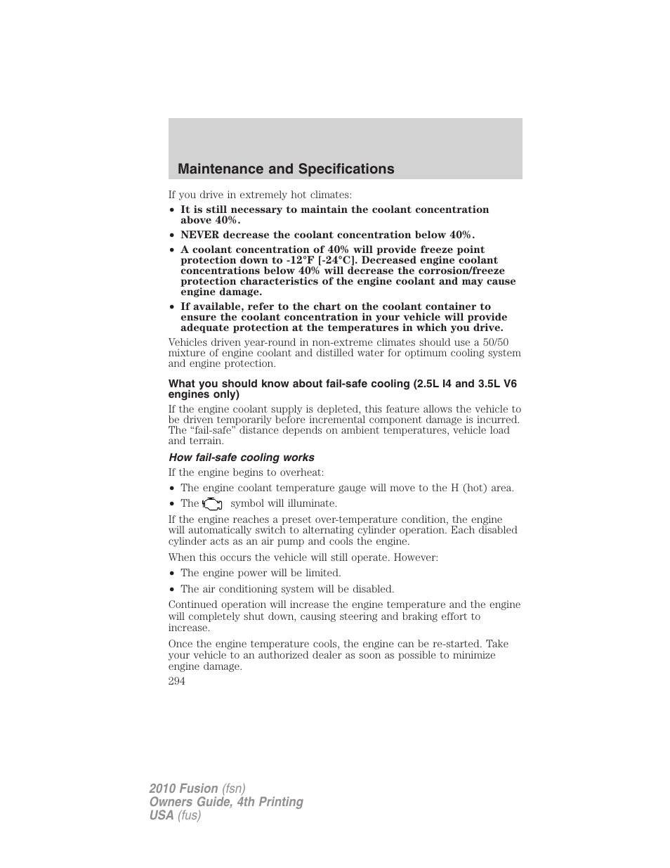 How fail-safe cooling works, Maintenance and specifications | FORD 2010 Fusion v.4 User Manual | Page 294 / 340