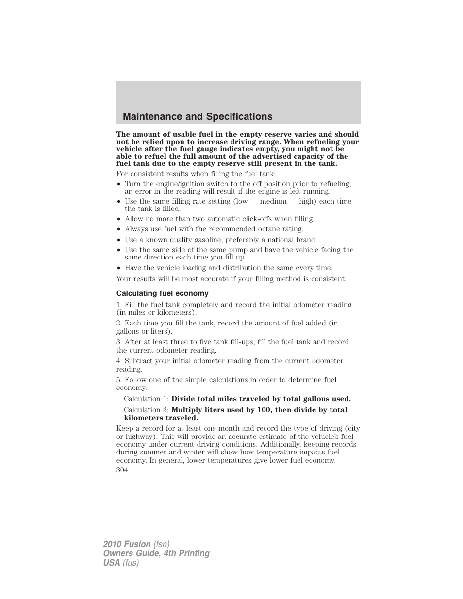 Calculating fuel economy, Maintenance and specifications | FORD 2010 Fusion v.4 User Manual | Page 304 / 340