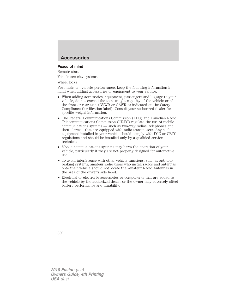 Peace of mind, Accessories | FORD 2010 Fusion v.4 User Manual | Page 330 / 340