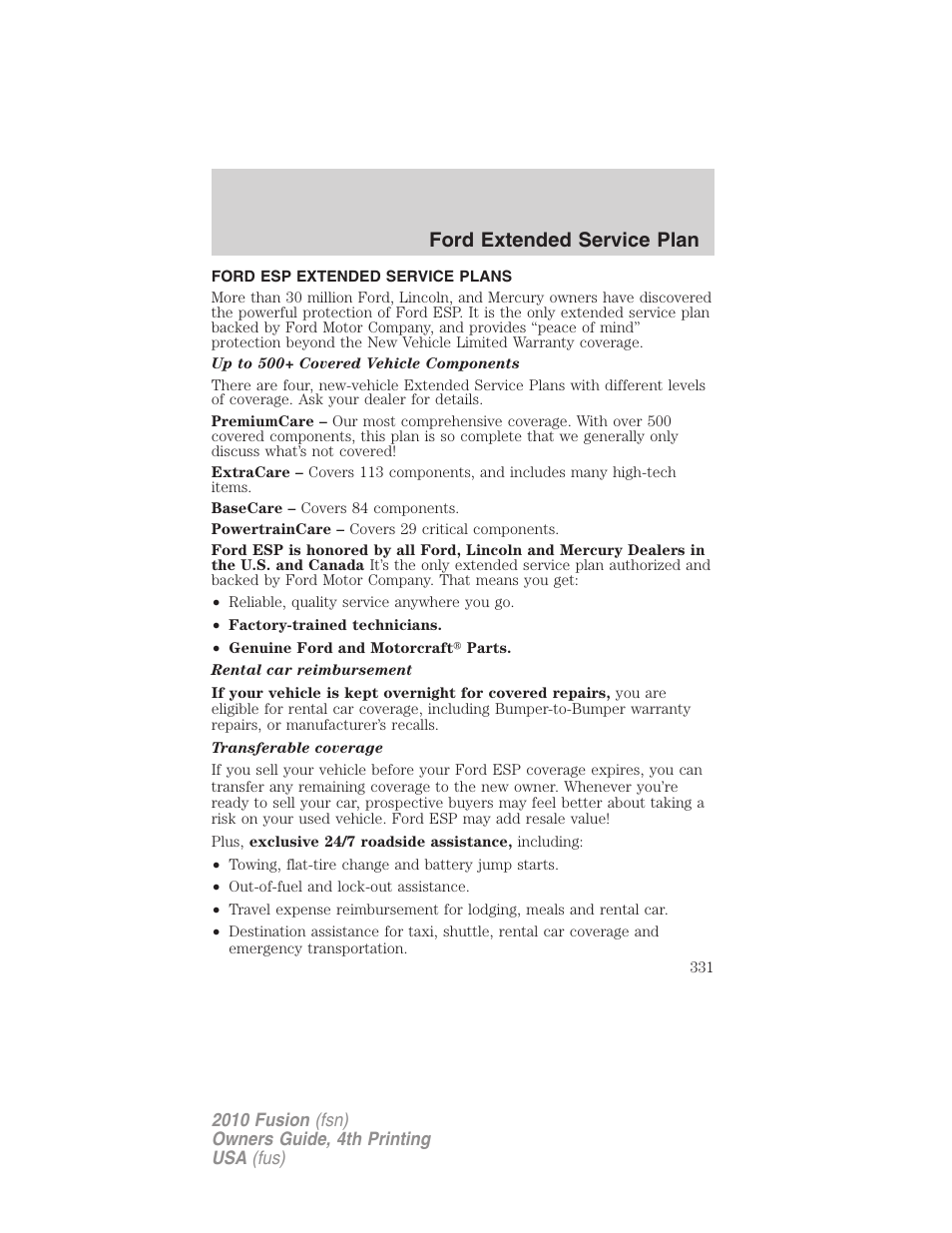Ford extended service plan, Ford esp extended service plans | FORD 2010 Fusion v.4 User Manual | Page 331 / 340
