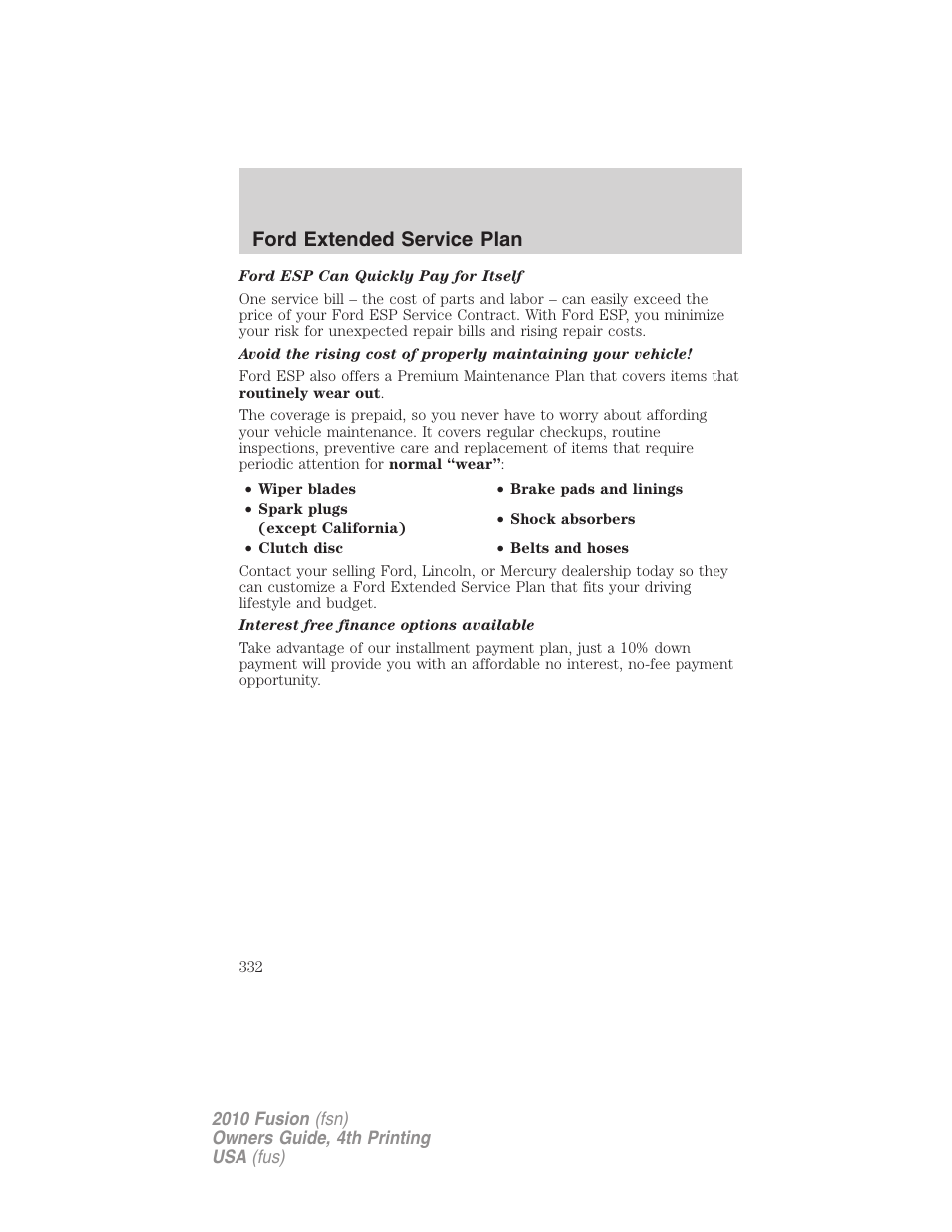 Ford extended service plan | FORD 2010 Fusion v.4 User Manual | Page 332 / 340