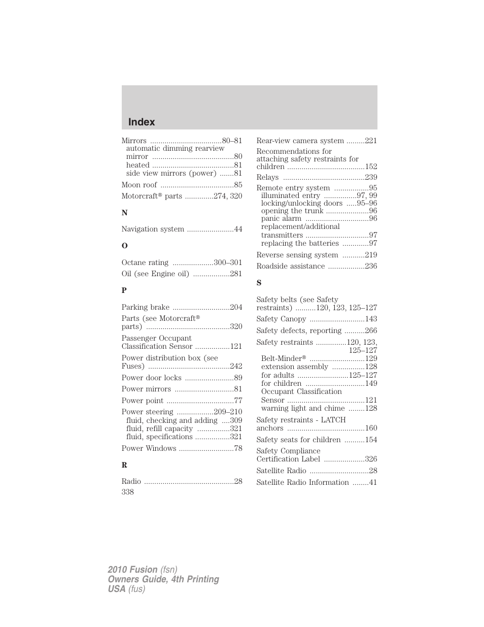 Index | FORD 2010 Fusion v.4 User Manual | Page 338 / 340