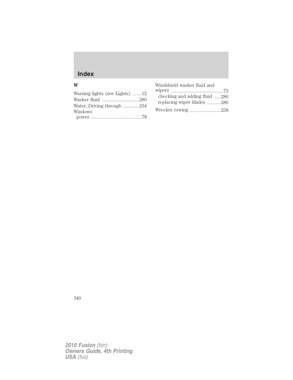 Index | FORD 2010 Fusion v.4 User Manual | Page 340 / 340