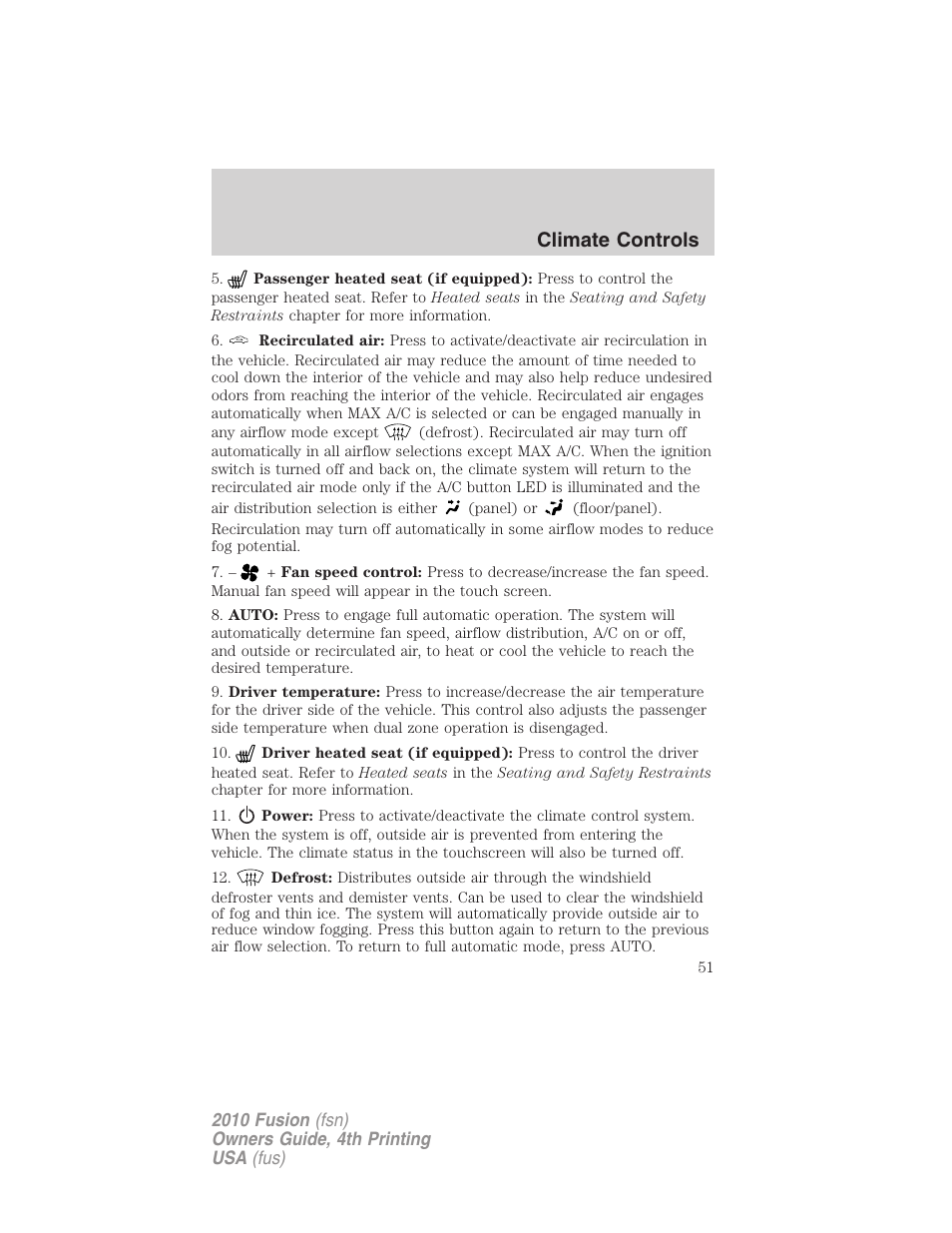 Climate controls | FORD 2010 Fusion v.4 User Manual | Page 51 / 340