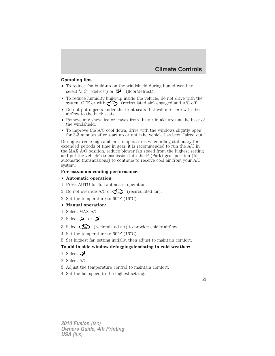 Operating tips, Climate controls | FORD 2010 Fusion v.4 User Manual | Page 53 / 340