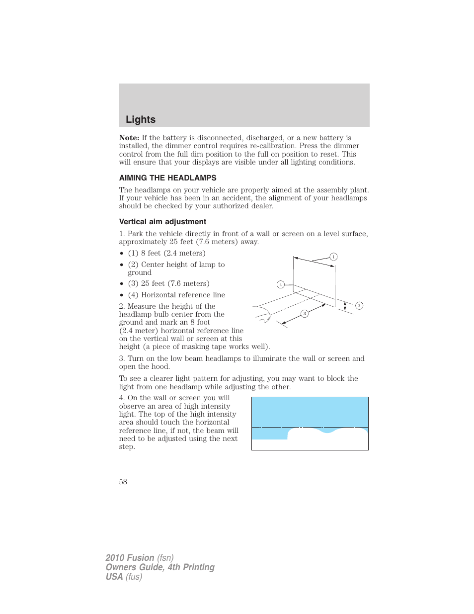 Aiming the headlamps, Vertical aim adjustment, Lights | FORD 2010 Fusion v.4 User Manual | Page 58 / 340