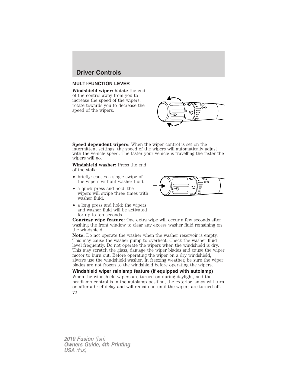 Driver controls, Multi-function lever, Windshield wiper/washer control | FORD 2010 Fusion v.4 User Manual | Page 72 / 340