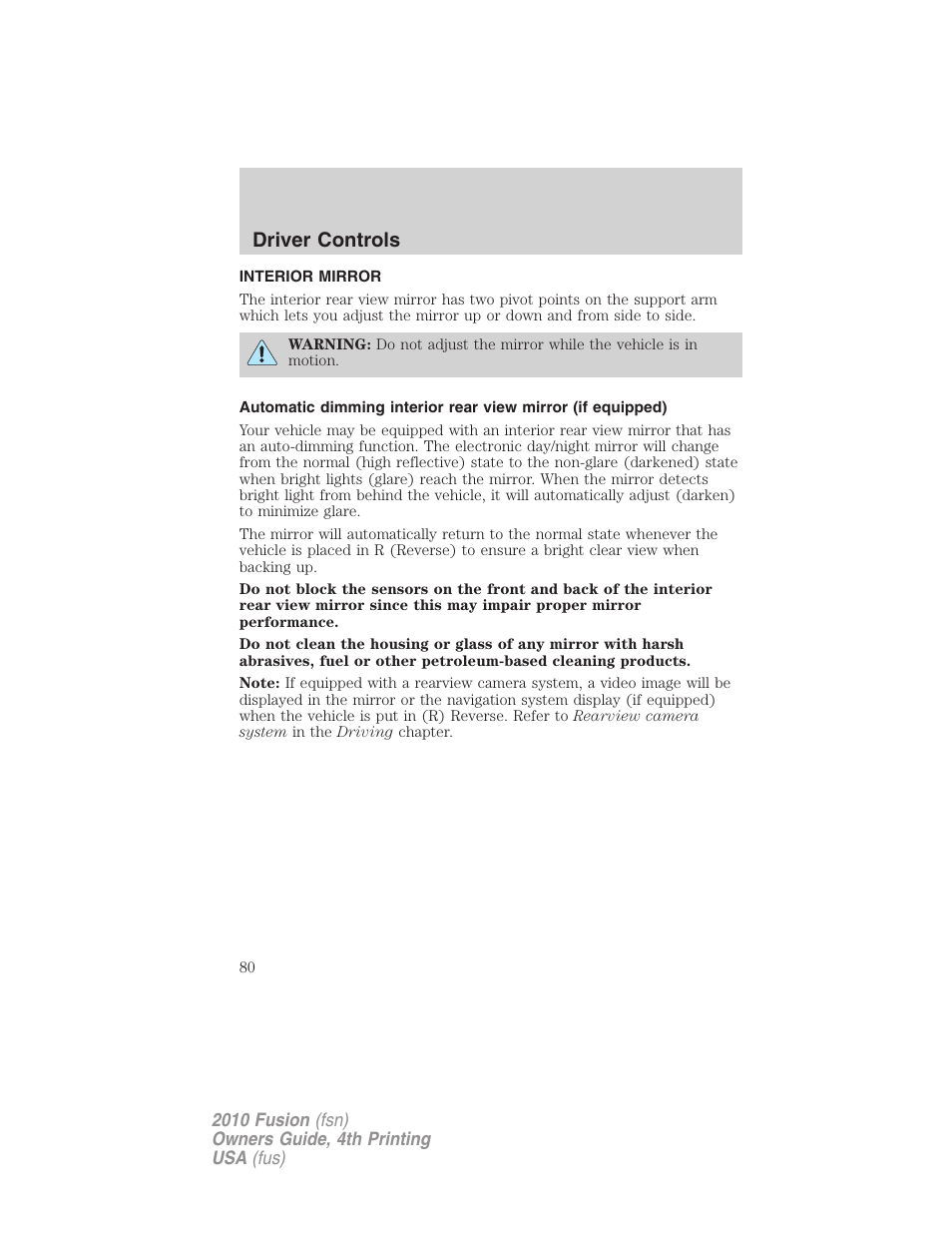 Interior mirror, Mirrors, Driver controls | FORD 2010 Fusion v.4 User Manual | Page 80 / 340