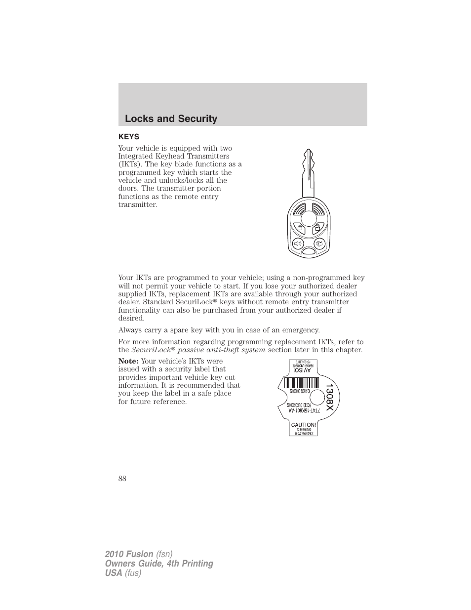 Locks and security, Keys | FORD 2010 Fusion v.4 User Manual | Page 88 / 340