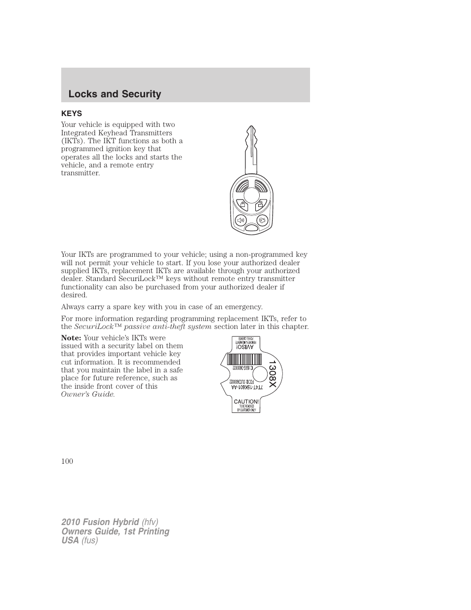 Locks and security, Keys | FORD 2010 Fusion Hybrid v.1 User Manual | Page 100 / 326