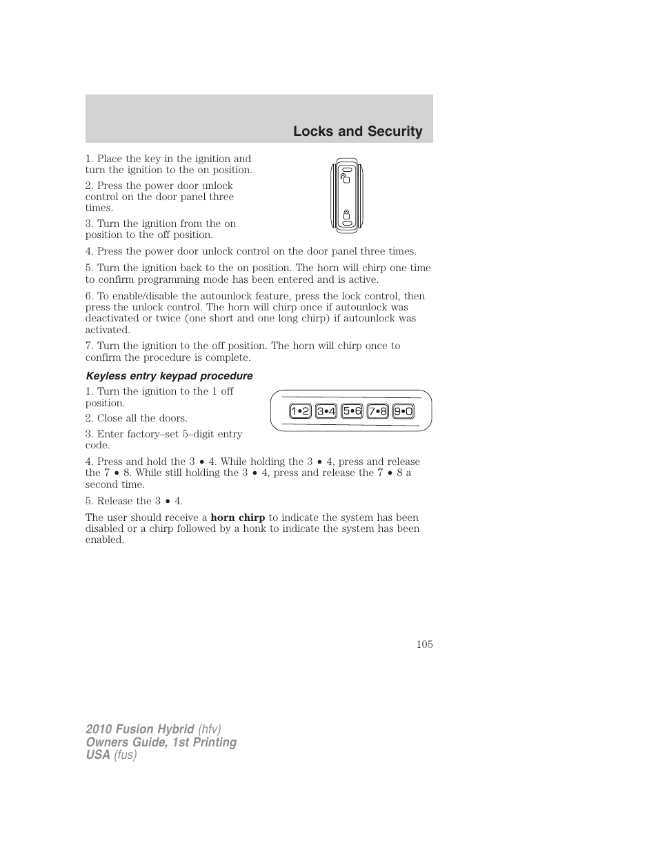 Keyless entry keypad procedure, Locks and security | FORD 2010 Fusion Hybrid v.1 User Manual | Page 105 / 326