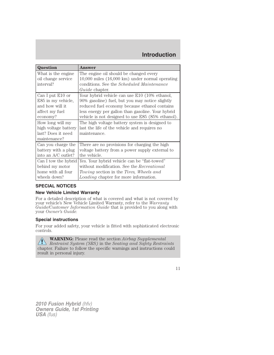 Special notices, New vehicle limited warranty, Special instructions | Introduction | FORD 2010 Fusion Hybrid v.1 User Manual | Page 11 / 326