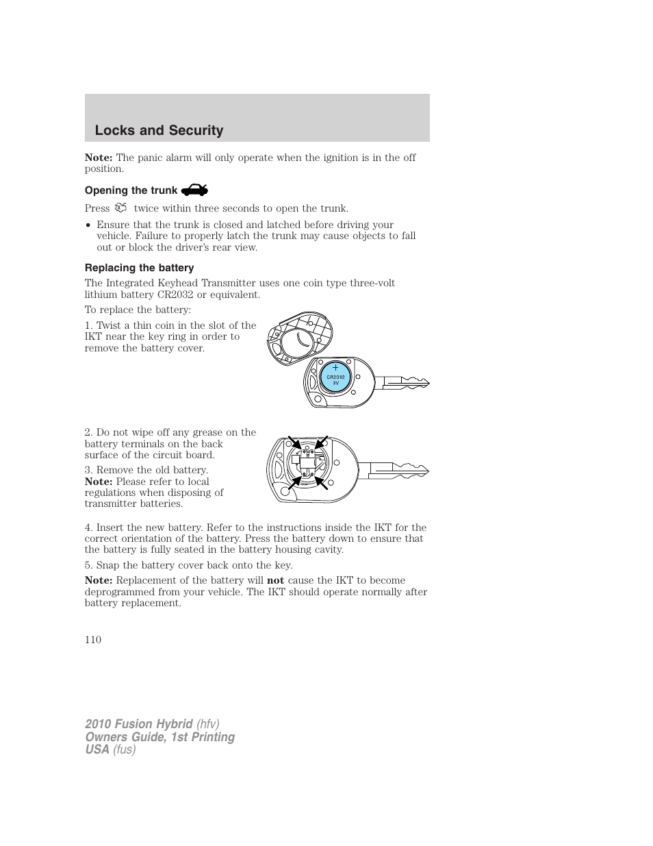 Opening the trunk, Replacing the battery, Locks and security | FORD 2010 Fusion Hybrid v.1 User Manual | Page 110 / 326