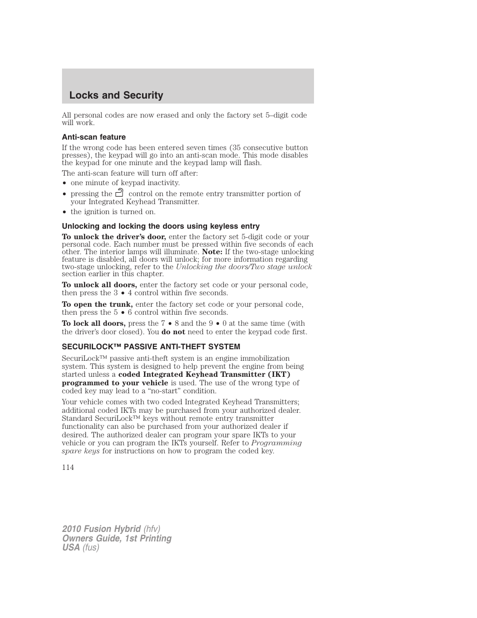 Anti-scan feature, Securilock™ passive anti-theft system, Anti-theft system | Locks and security | FORD 2010 Fusion Hybrid v.1 User Manual | Page 114 / 326