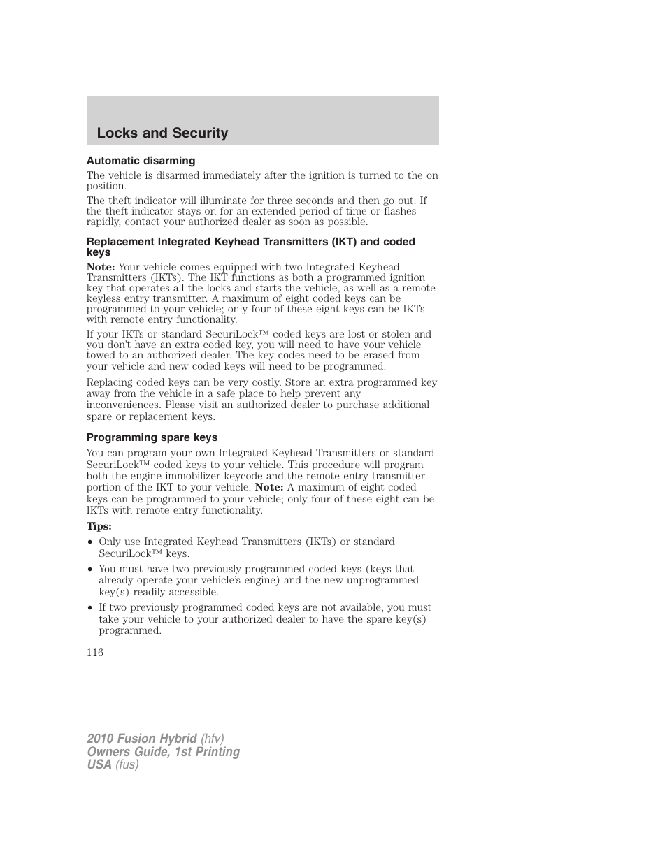 Automatic disarming, Programming spare keys, Locks and security | FORD 2010 Fusion Hybrid v.1 User Manual | Page 116 / 326