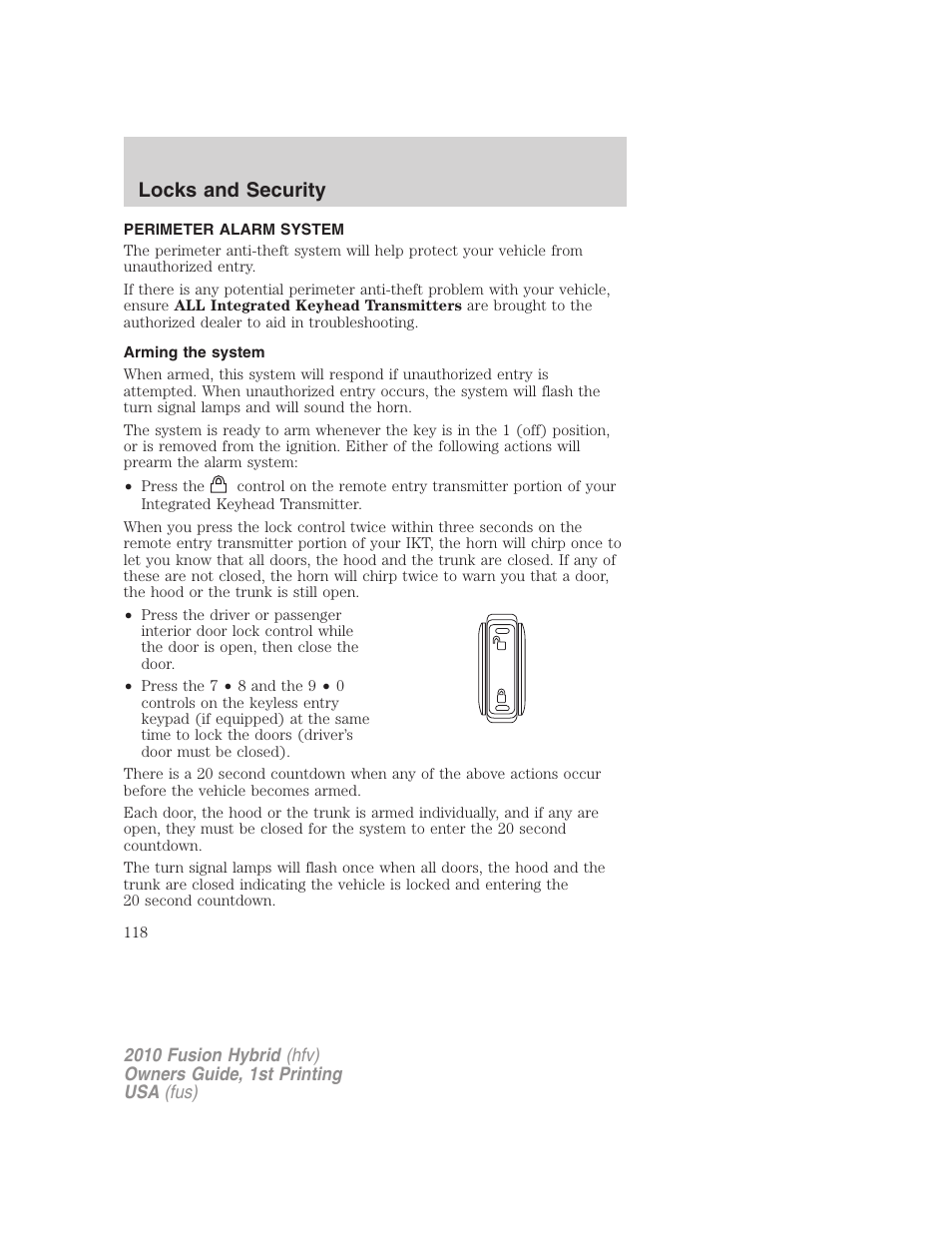 Perimeter alarm system, Arming the system, Locks and security | FORD 2010 Fusion Hybrid v.1 User Manual | Page 118 / 326