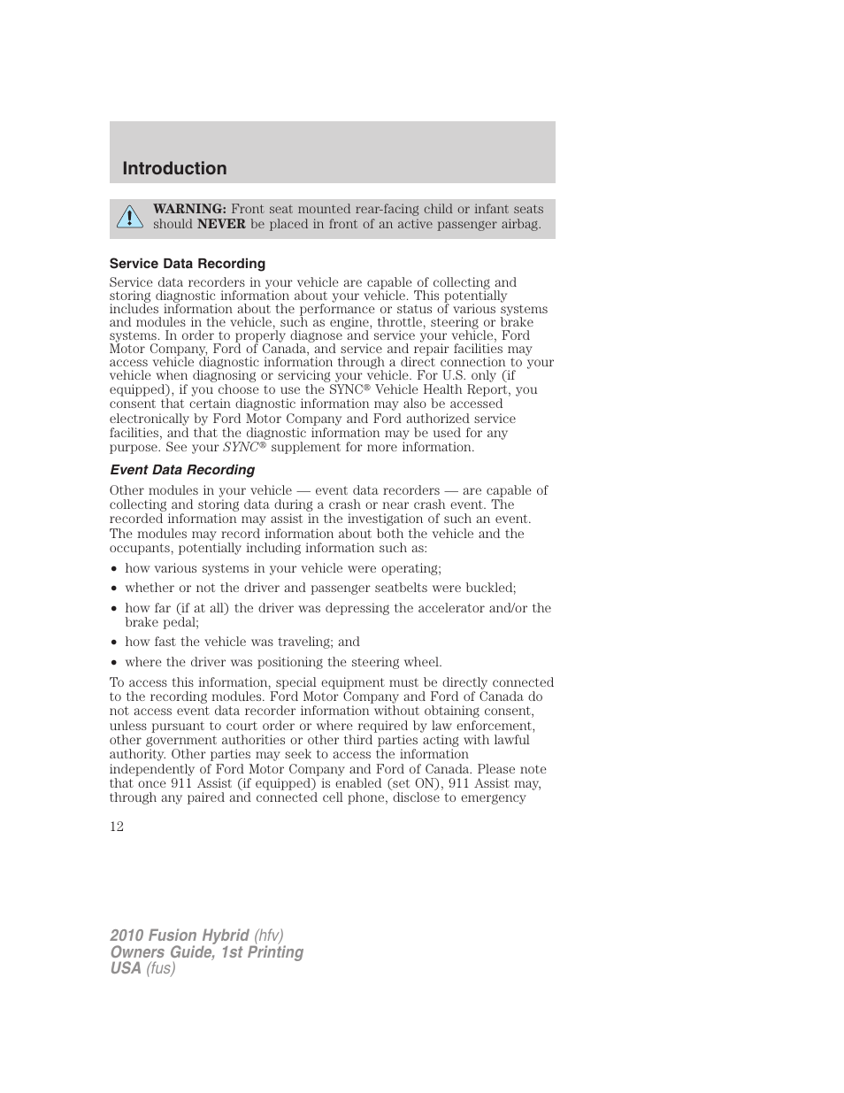 Service data recording, Event data recording, Introduction | FORD 2010 Fusion Hybrid v.1 User Manual | Page 12 / 326