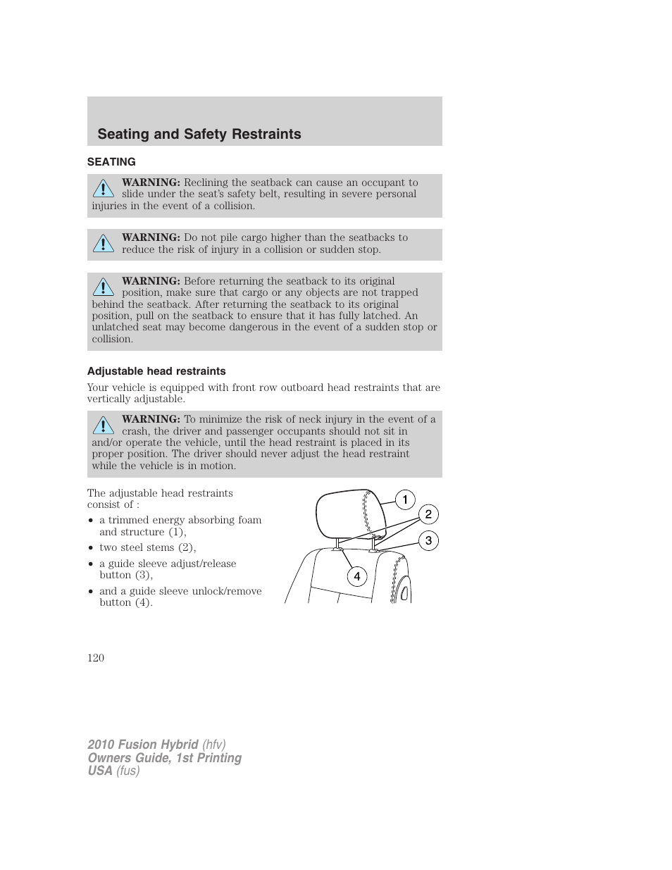 Seating and safety restraints, Seating, Adjustable head restraints | FORD 2010 Fusion Hybrid v.1 User Manual | Page 120 / 326