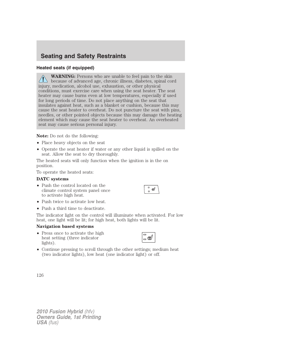 Heated seats (if equipped), Seating and safety restraints | FORD 2010 Fusion Hybrid v.1 User Manual | Page 126 / 326