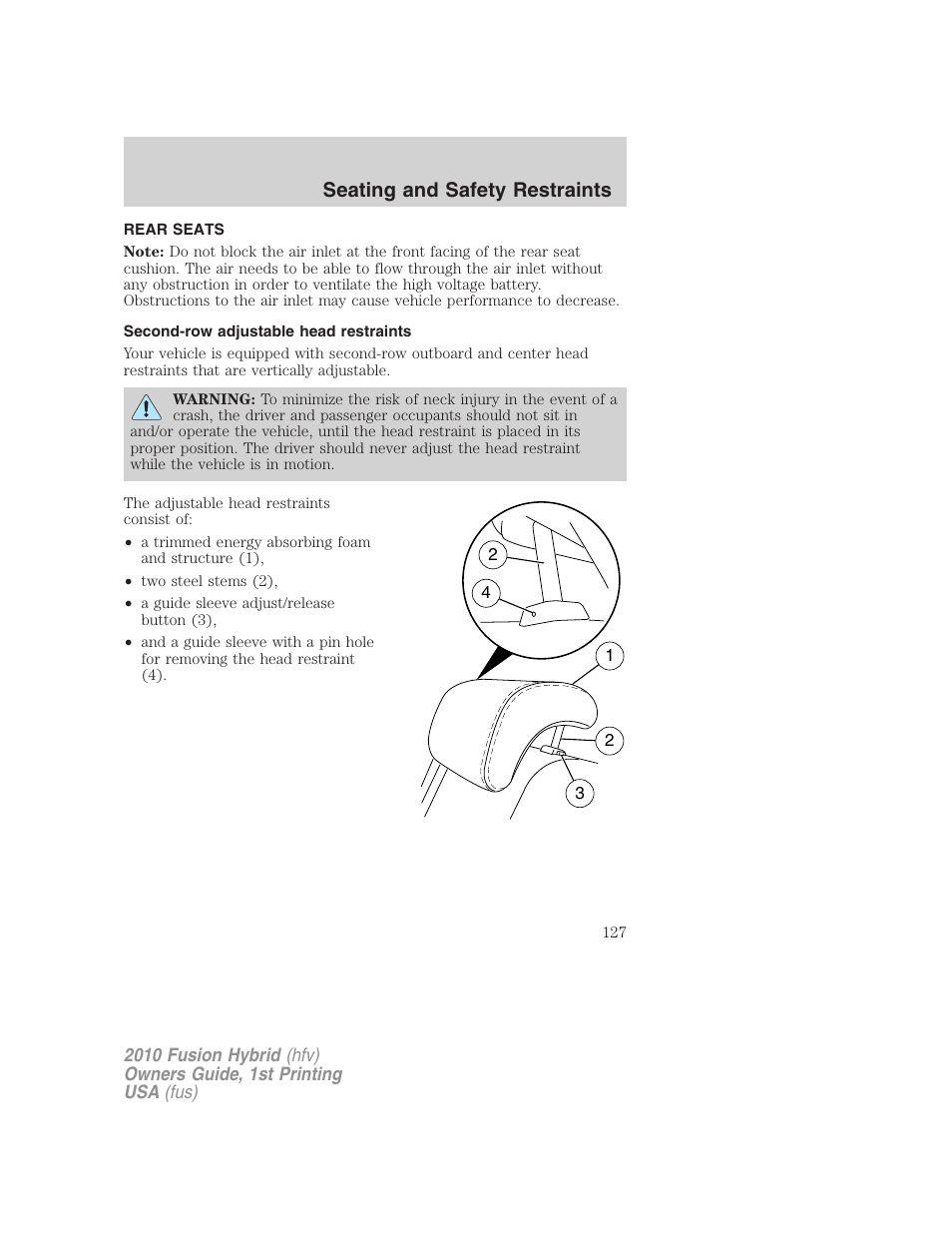 Rear seats, Second-row adjustable head restraints, Seating and safety restraints | FORD 2010 Fusion Hybrid v.1 User Manual | Page 127 / 326