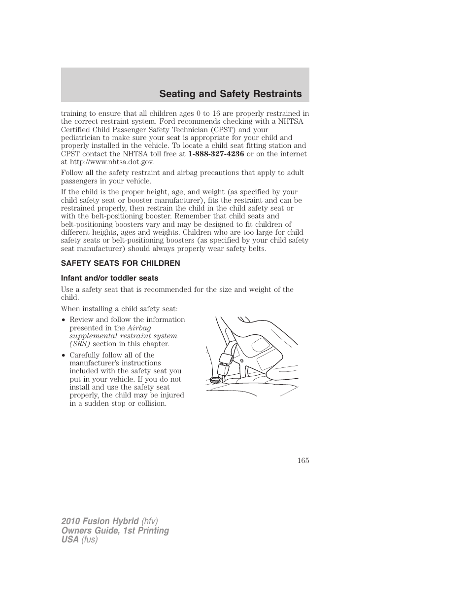 Safety seats for children, Infant and/or toddler seats, Seating and safety restraints | FORD 2010 Fusion Hybrid v.1 User Manual | Page 165 / 326