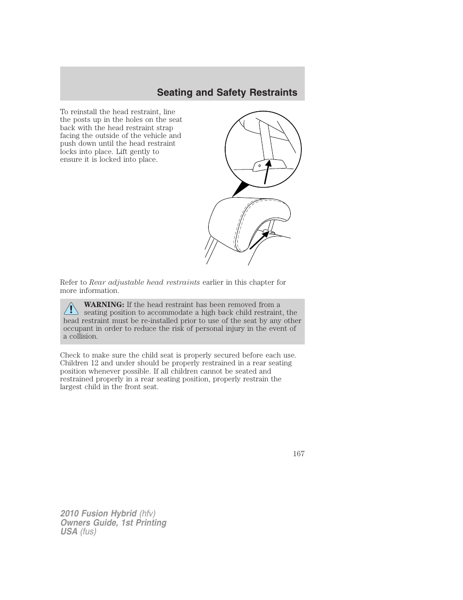 Seating and safety restraints | FORD 2010 Fusion Hybrid v.1 User Manual | Page 167 / 326