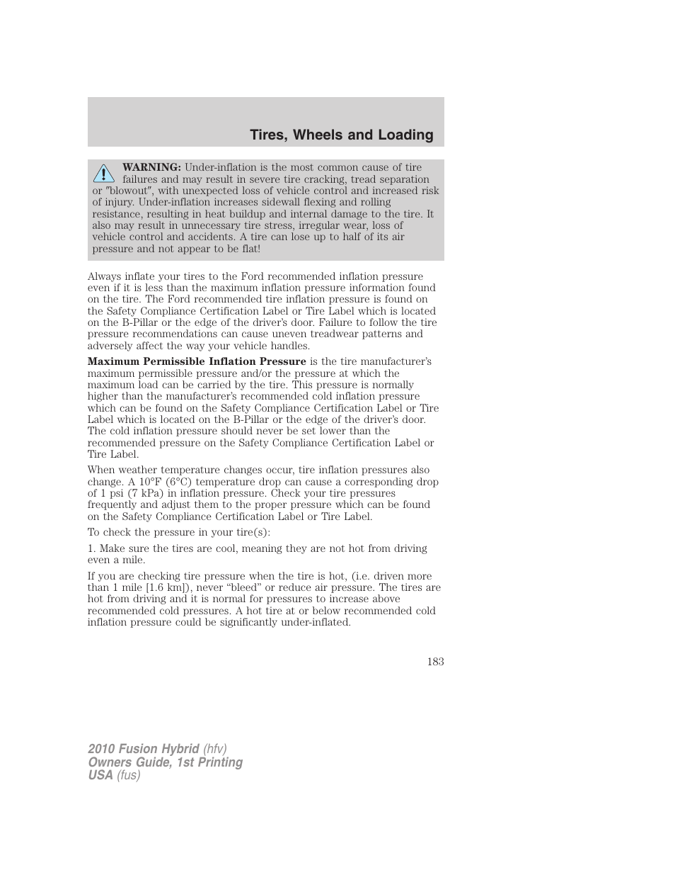 Tires, wheels and loading | FORD 2010 Fusion Hybrid v.1 User Manual | Page 183 / 326