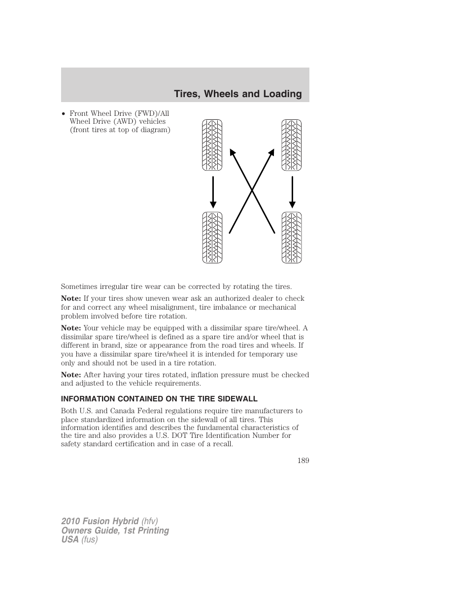 Information contained on the tire sidewall, Tires, wheels and loading | FORD 2010 Fusion Hybrid v.1 User Manual | Page 189 / 326