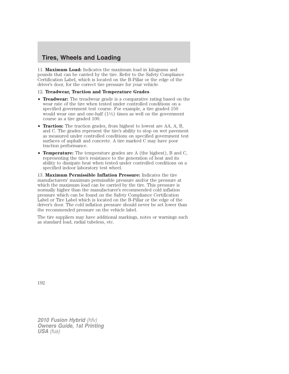 Tires, wheels and loading | FORD 2010 Fusion Hybrid v.1 User Manual | Page 192 / 326