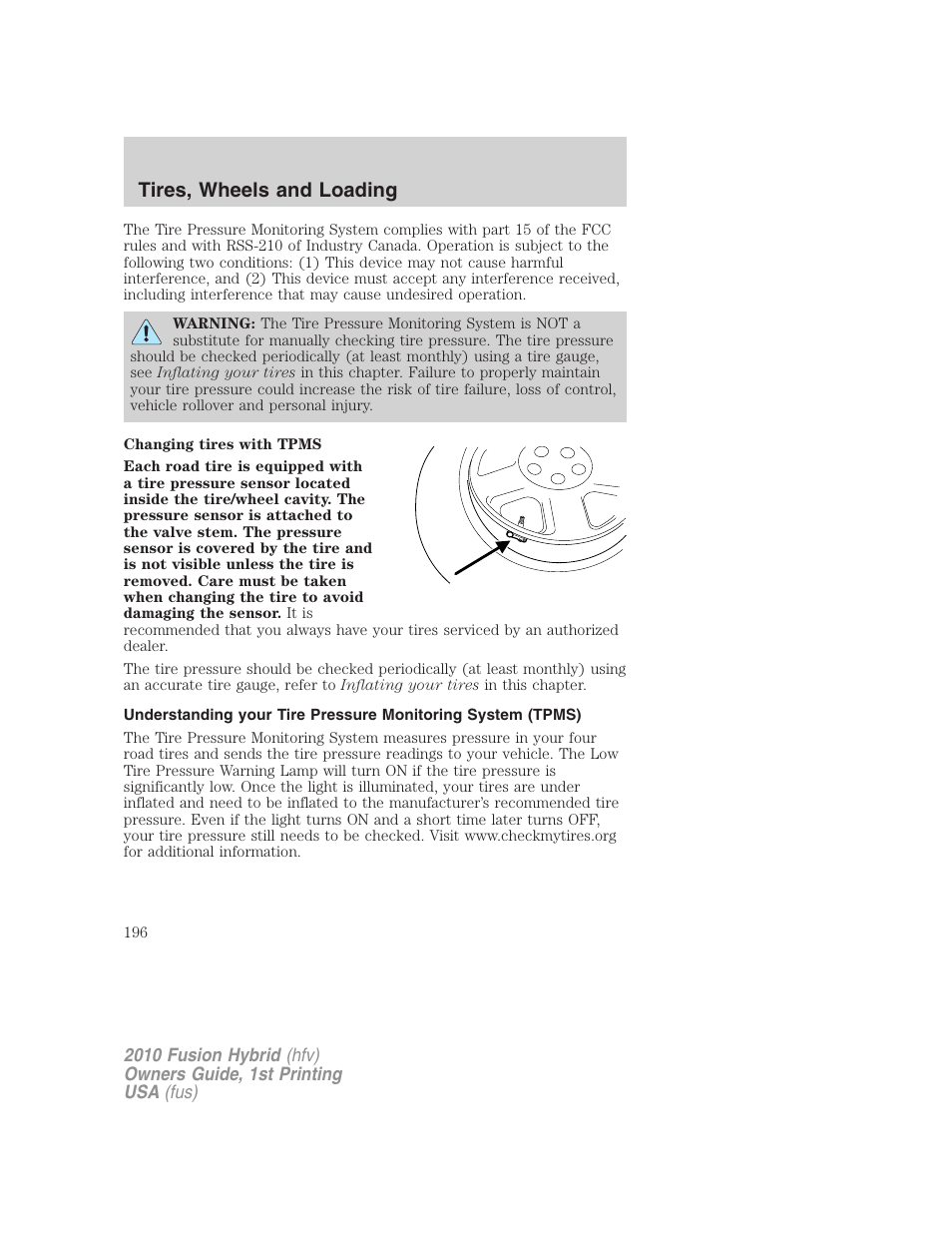 Tires, wheels and loading | FORD 2010 Fusion Hybrid v.1 User Manual | Page 196 / 326
