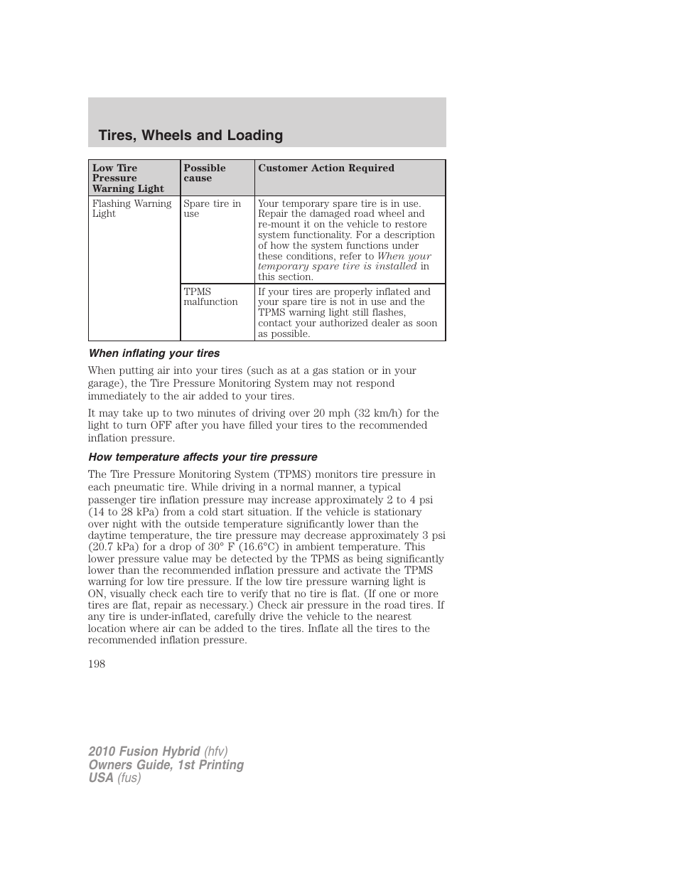 When inflating your tires, How temperature affects your tire pressure, Tires, wheels and loading | FORD 2010 Fusion Hybrid v.1 User Manual | Page 198 / 326