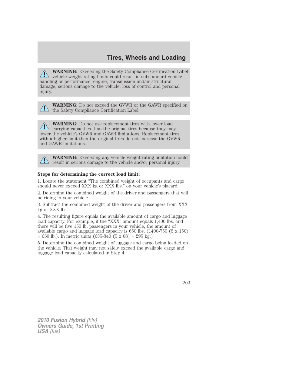 Tires, wheels and loading | FORD 2010 Fusion Hybrid v.1 User Manual | Page 203 / 326