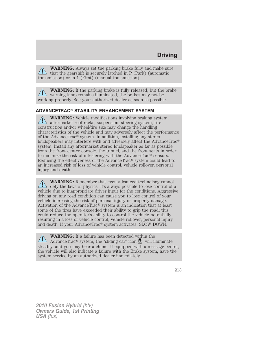 Advancetrac stability enhancement system, Advancetrac, Driving | FORD 2010 Fusion Hybrid v.1 User Manual | Page 213 / 326