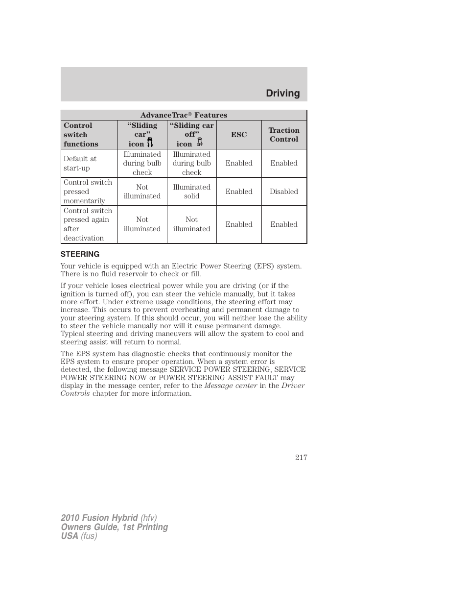 Steering, Driving | FORD 2010 Fusion Hybrid v.1 User Manual | Page 217 / 326