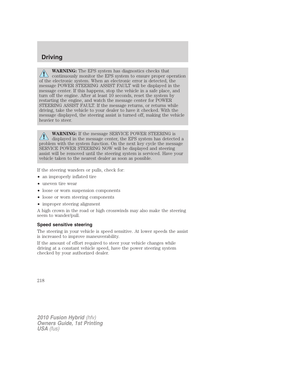 Speed sensitive steering, Driving | FORD 2010 Fusion Hybrid v.1 User Manual | Page 218 / 326